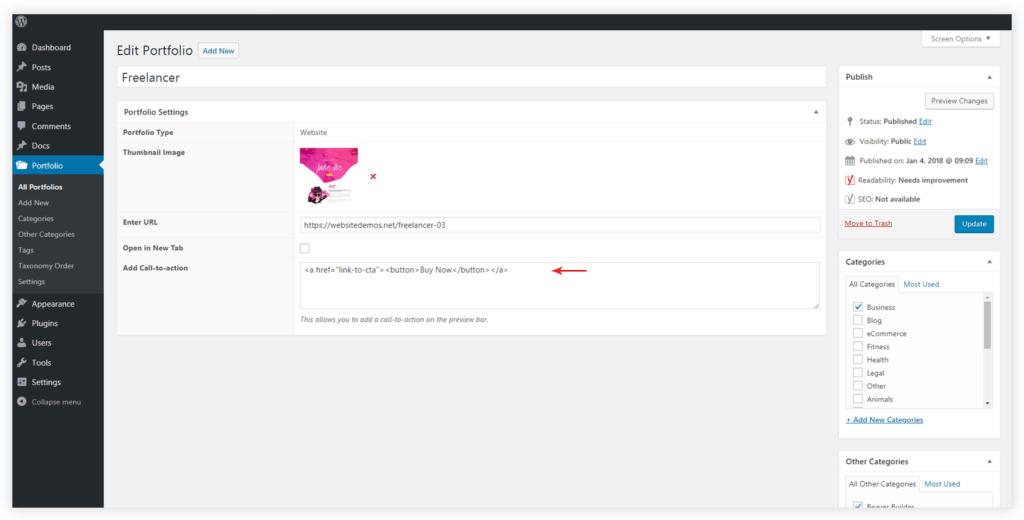 How to Add CTA on the Preview Bar? - WP Portfolio